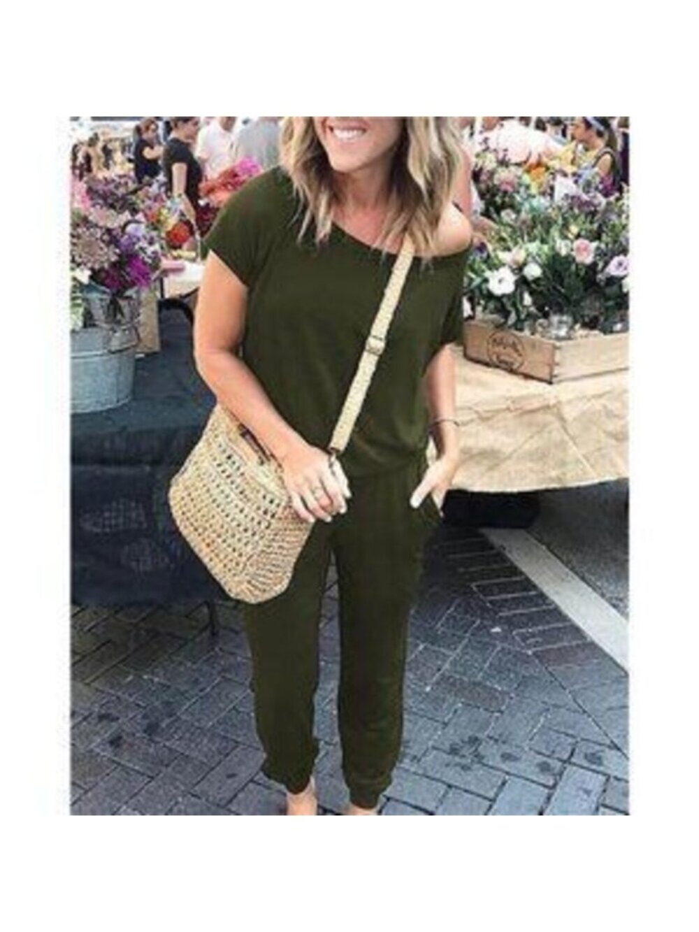 Women's Summer Jumpsuit Rompers Off Shoulder with Pockets, Army Green - Picture 3 of 5